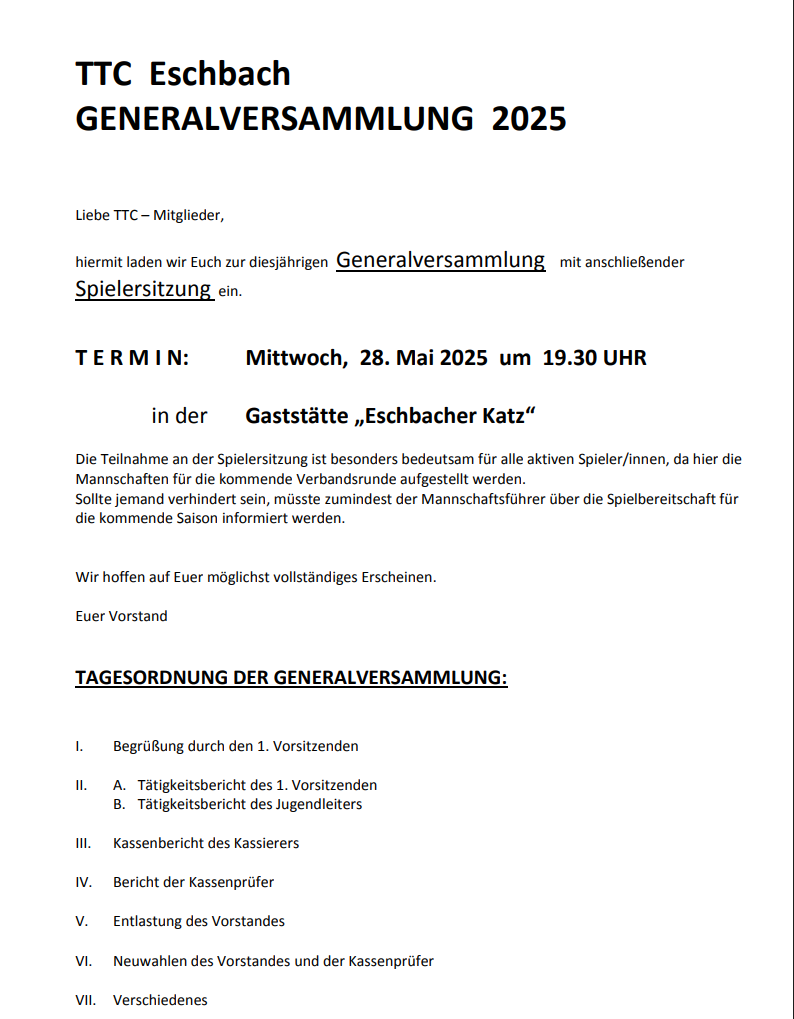 Eindladung Generalversammlung 2025